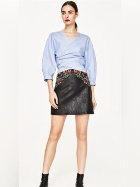 Zara Basic Black Faux Leather Embroidered Floral Mini Skirt